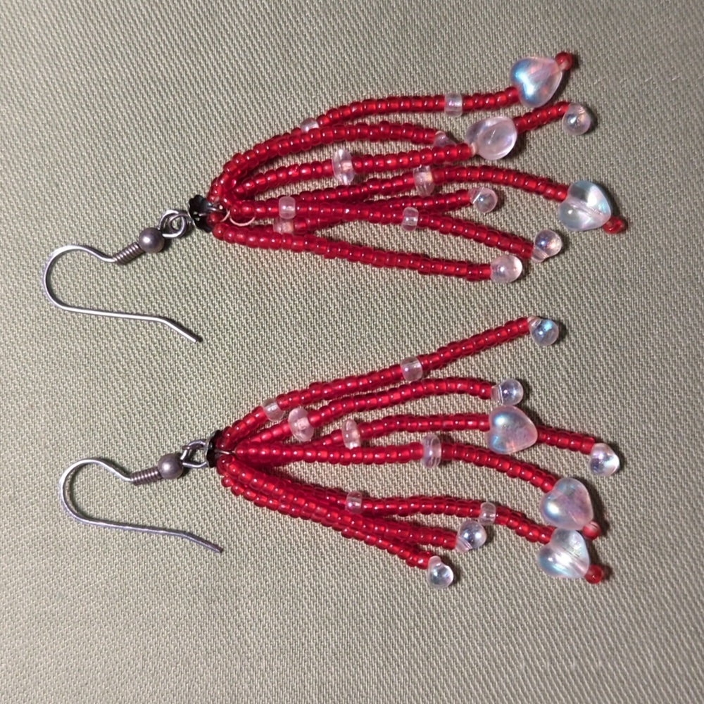 Vintage red and clear heart beaded fringe dangle earrings